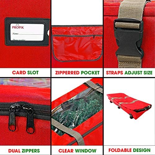 ProPik Rolling Christmas Tree Storage Bag, Fits Up to 9 Foot Tall Disassembled Trees, 25" X 25" X 60", Extra Large Heavy Duty Xmas Container with Wheels, Handles and Straps (Red)