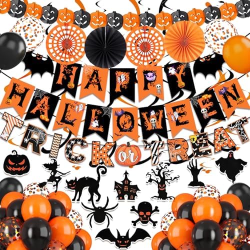 Fecedy Black Orange Happy Halloween Trick or Treat Banner Paper Fan Balloons & Swirl Streamers Goul Bat Cat Bird Ghost Pumpkin Lantern for Halloween Decorations