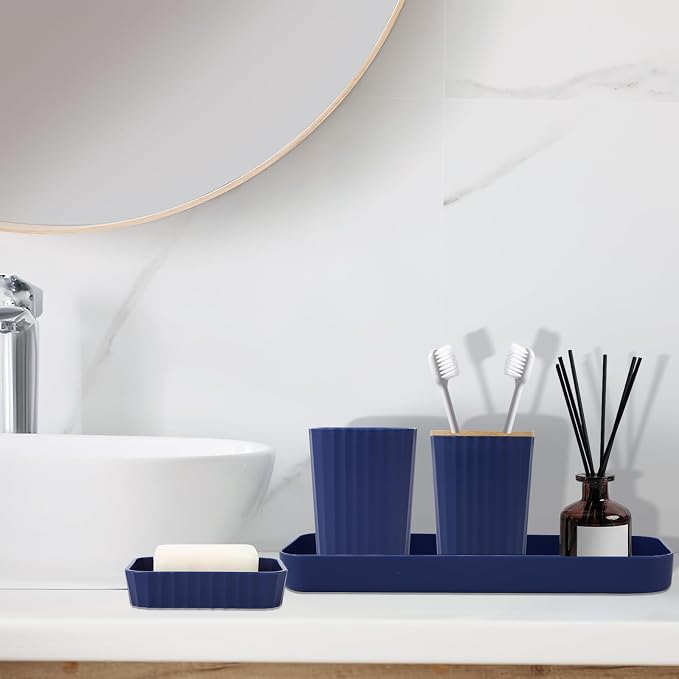 XLHOMO Blue Bathroom Set - Navy Blue Bathroom Accessories Set with with Trash Can,Toothbrush Holder,Toothbrush Cup,Soap Dispenser,Tray,Soap Dish,Toilet Brush,Qtip Holders for Bathroom Home Decor