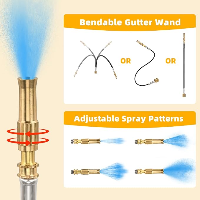 24FT Reach Gutter Cleaner, Gutter Cleaning Tools from the Ground with 3/4" Brass Shut-Off Valve & Bendable 360° Rotating Water Wand, Safe Cleaning for 2-Story Homes