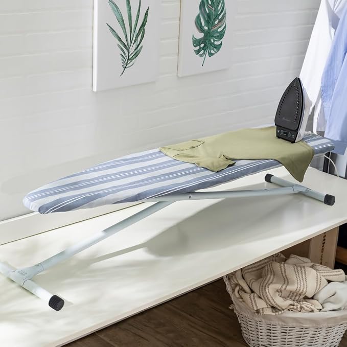Full Size Ironing Board with Cover & Pad – USA-Made with Enhanced Grip Feet for Extra Stability – Adjustable Steel T-Legs 35" High – Perforated Top – Durable Iron Board for Home, Laundry Room, Stripe