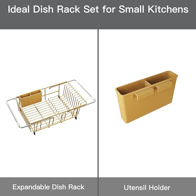 Gold Dish Drying Rack Over The Sink with Utensil Holder | Expandable Stainless Steel Dish Drainer for Small Kitchen, Apartment, RV, Counter Space Saving, Perfect Fit, Rustproof