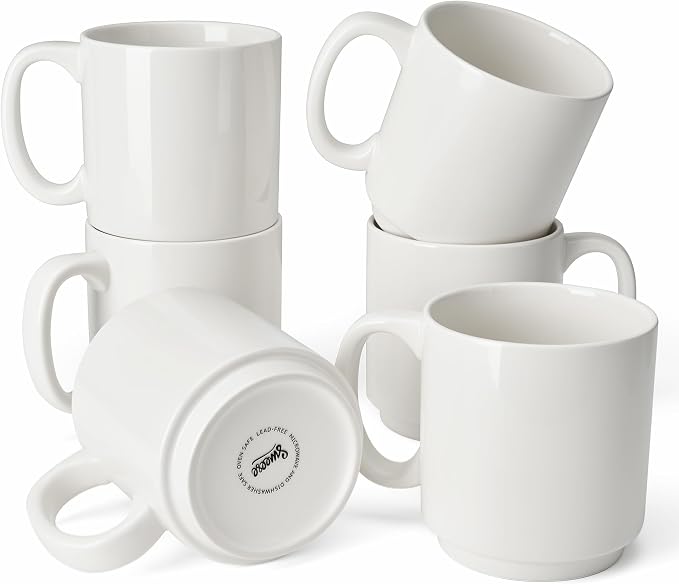 Sweese Stackable Coffee Mugs Set of 6, 16 Oz Large Porcelain Cups for Coffee, Latte, Tea & Hot Drinks, Space-Saving Stackable Design, Microwave & Dishwasher Safe, White
