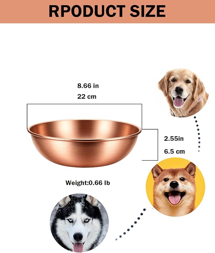 8.66 Inch Large Round Hand Forged Pure Solid Copper Pet Bowl, Heavy Duty Dog Copper Bowl for Food & Water, Premium Feeding Copper Bowl for Dogs Cats & All Household Pets (1)