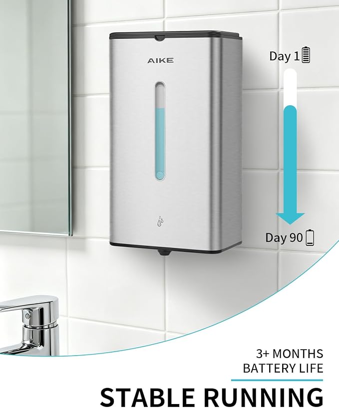 AIKE Heavy Duty Automatic Soap Dispenser,33.8oz for Bathroom,Brushed Steel | 5-Level and Savety Key for Commercial(4*AA Batteries Not Included),Screw Wall Mount for Space-Saving,Stainless Steel AK1207