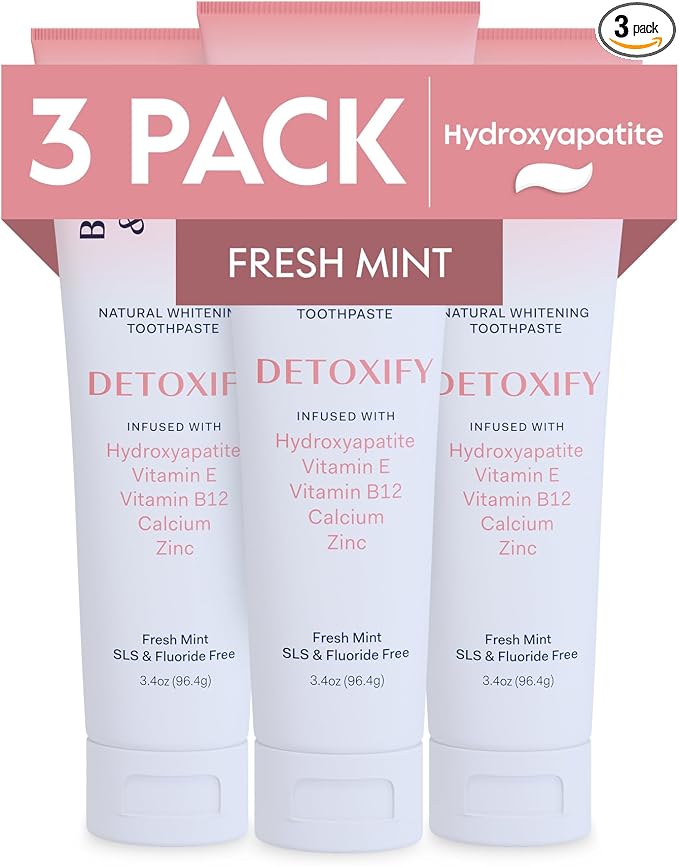 Better & Better Detoxify Hydroxyapatite Toothpaste | Whitening Toothpaste Infused w/Vitamins E & B12, Calcium & Zinc | Fluoride & SLS Free for Sensitive Brushers | Fresh Mint Flavor | 3.4oz, 3 Pack