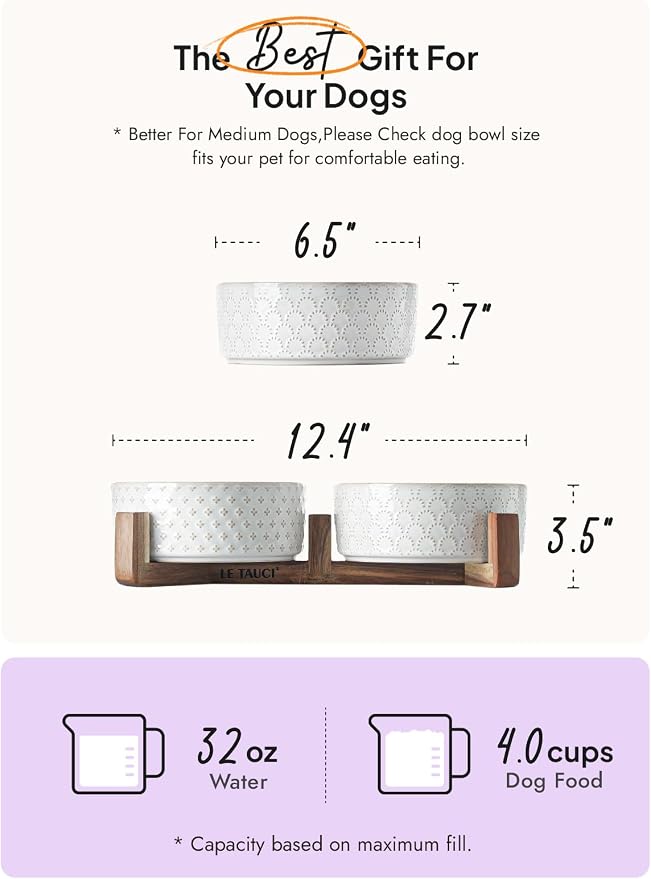 LE TAUCI Dog Bowls Ceramic for Small Medium Dogs - 3-Cup Dual Food & Water Bowl Set with Acacia Wood Stand, Non-Slip Anti-Tip Elevated Design