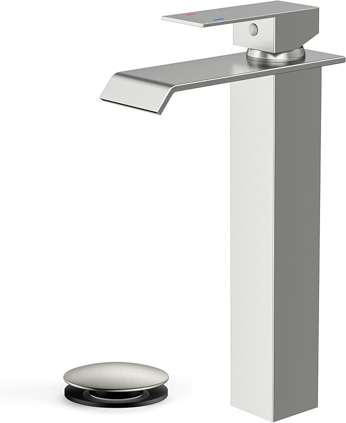 FORIOUS Vessel Bathroom Sink Faucets 1 Hole Brushed Nickel, Tall Waterfall Bathroom Faucet Single Handle with Pop Up Drain and Supply Lines, Deck Mount