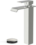 FORIOUS Vessel Bathroom Sink Faucets 1 Hole Brushed Nickel, Tall Waterfall Bathroom Faucet Single Handle with Pop Up Drain and Supply Lines, Deck Mount