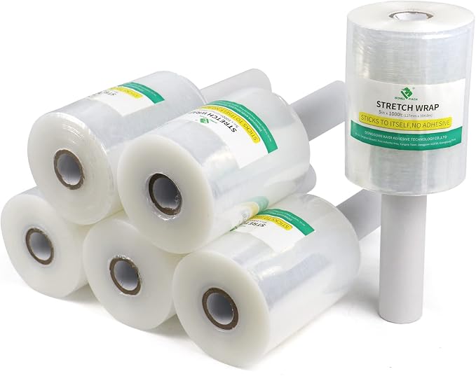 BOMEI PACK 6 Pack Industrial Clear Mini Stretch Wrap Roll with Handle, 5" x 1000Feet 80 Gauge for Heavy Duty, Durable Self-Adhering Plastic Wrap for Packing, Moving