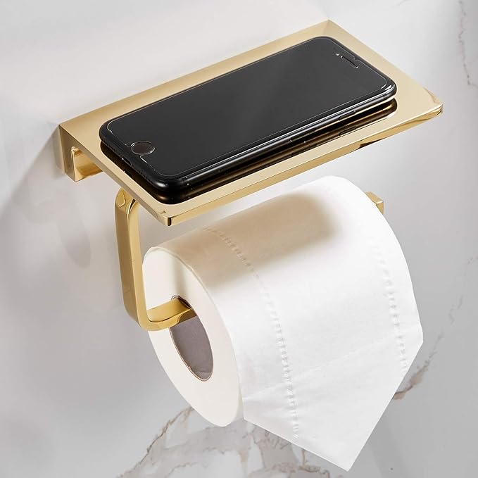 Toilet Roll Paper Holder Bathroom Solid Brass and Superior Hotel Style Wall Mount Tissue Roll Holder with Phone Shelf Bright Gold Finished