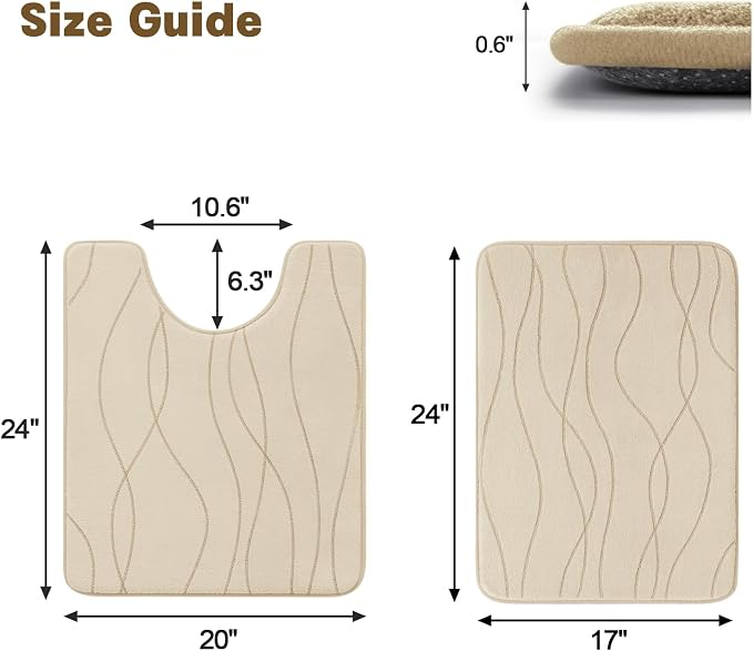 YIHOUSE Bathroom Rugs Set 2 Piece, Memory Foam Bath Mat Khaki | U Shaped+Small Mat, Ultra Soft, Absorbent, Non-Slip, Machine Washable, for Bathroom, Sink and Toilet