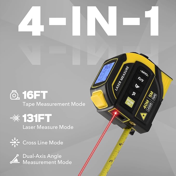 4-in-1 Laser Tape Measure - Class 2, 131FT Laser Distance Meter, 16FT AutoLock Tape Measure, Cross-Line Laser Level, Dual-Axis Electronic Angle, LCD Display, for DIY, Construction Projects