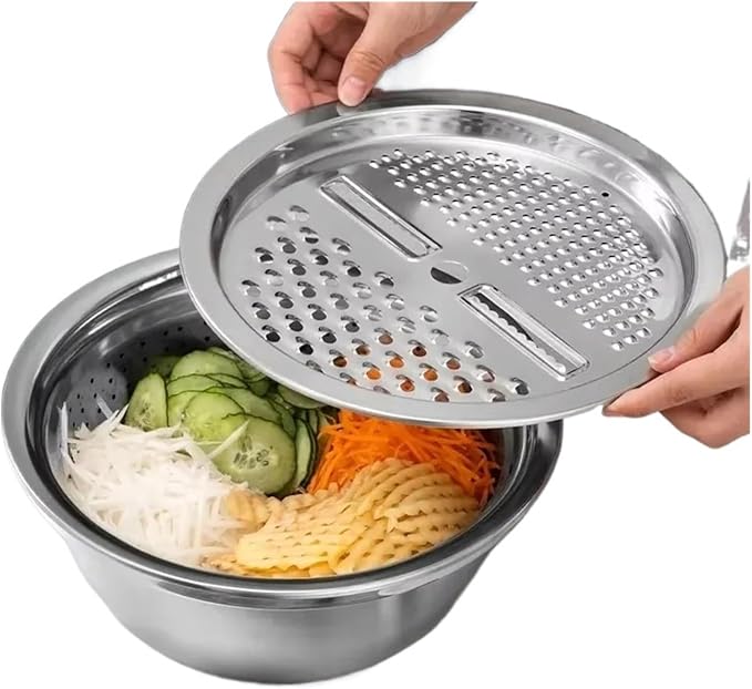 Multifunctional Stainless Steel Basin Vegetable Cutter – Fruit Slicer, Potato Peeler & Carrot Grater, Kitchen Accessory Set(Grater plate)