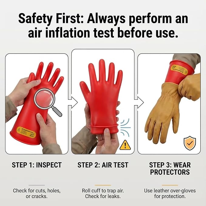 Class 2 High Voltage Electrical Insulated Gloves, 20KV Tested (Max Use 10KV) - Heavy Duty Rubber Electrician Gloves for EV Hybrid Car Repair, Lineman Work & Industrial Maintenance - Red Latex
