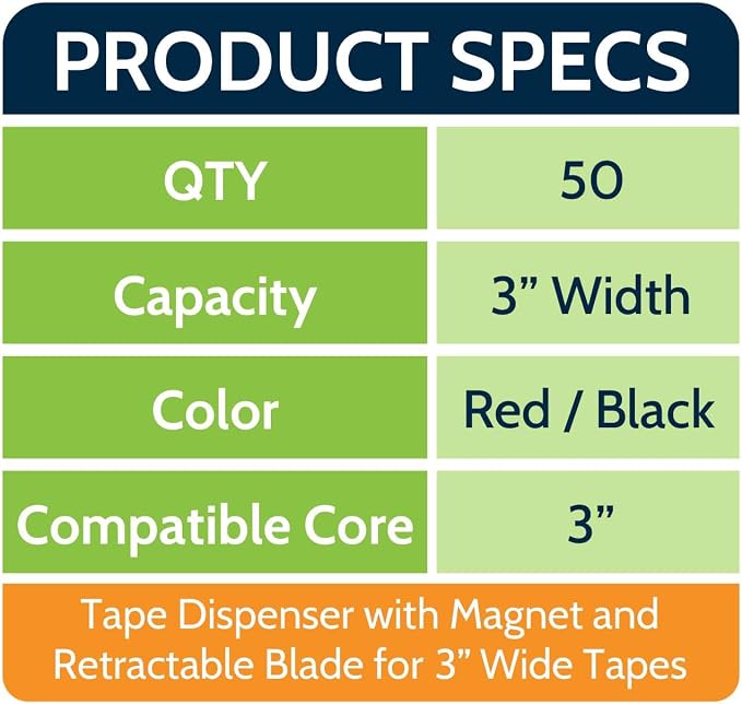 PSBM Heavy Duty Packing Tape Dispenser, 3 Inch Wide, 50 Count, Sealing Cutter, Magnetic Retractable-Blade Tape-Gun Dispenser Used for Warehouse Storage Packaging