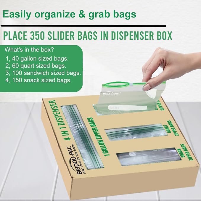 BEIDOU-PAC Combo Slider Storage Bags, 350 Count Resealable Variety Pack with Organizer, Reclosable Clear Plastic Snack, Sandwich, Quart,Gallon Size Bags (Variety Pack)
