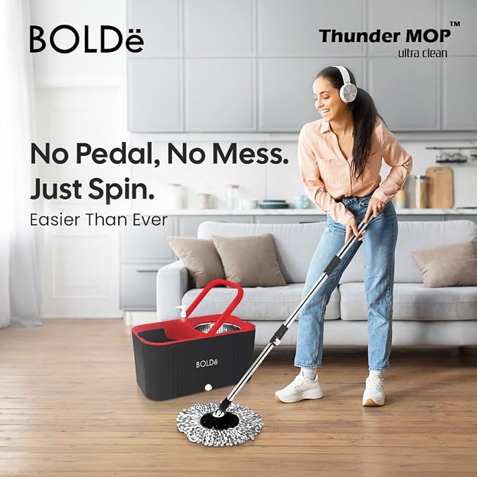 Thunder MOP Ultra Clean Spin System - 3 Pack Refill (Black/Red) | Single Bucket Microfiber Head, Stainless Steel Wringer, Antifungal Quick-Dry Cleaning, Soap Dispenser