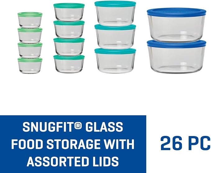 Anchor Hocking 26 Piece Glass Storage Containers with Lids (13 Glass Food Storage Containers & 13 Mixed Blue SnugFit Lids)
