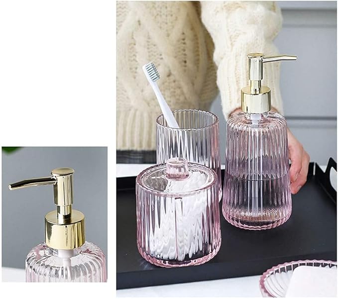 Art Soap Dispenser for Bathroom Kitchen Hotel, Five-Piece Bathroom Set, Bathroom Accessories Set Glass Mouthwash Cup, Hand Sanitizer Bottle, Toothbrush Cup, Toothbrush Holder