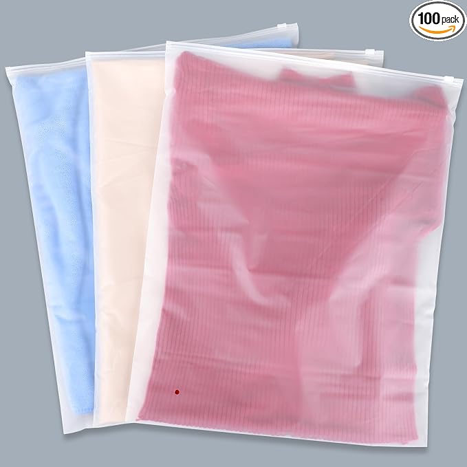 Clothing Bags, 100 Count 16x20 inch Extra Large Frosted Zipper Plastic Bags for Clothes, Sweater Dress, Jeans, Jacket, T Shirt Packaging Shipping, 3 Mil, with Vent Holes