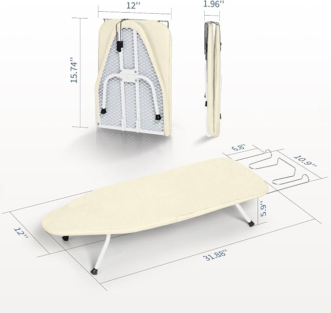 Mini Ironing Board with Iron Rest 32"x12" Ivory | BlissBoard Small Foldable Tabletop Compact Iron Table, Heat Resistant Cover for Dorms, Apartment and Travel