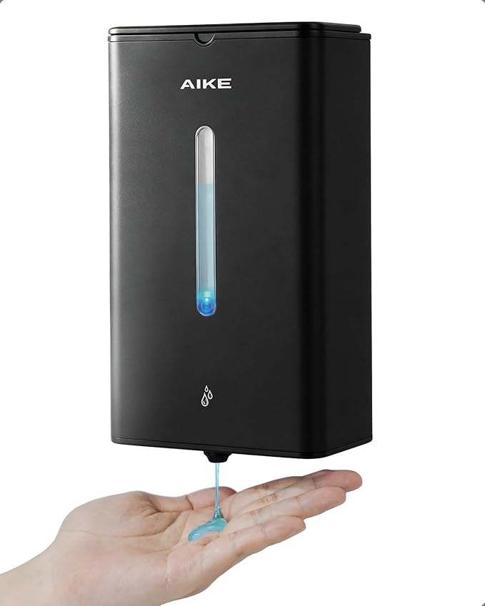 AIKE Heavy Duty Automatic Soap Dispenser,33.8oz for Bathroom,Matteblack | 5-Level and Savety Key for Commercial(4*AA Batteries Not Included),Screw Wall Mount for Space-Saving,Stainless Steel AK1207
