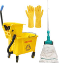 Side Press Wringer Combo Commercial Mop Bucket on Wheels, 35 Quart,Yellow, Including Commercial Mop and Rubber Gloves