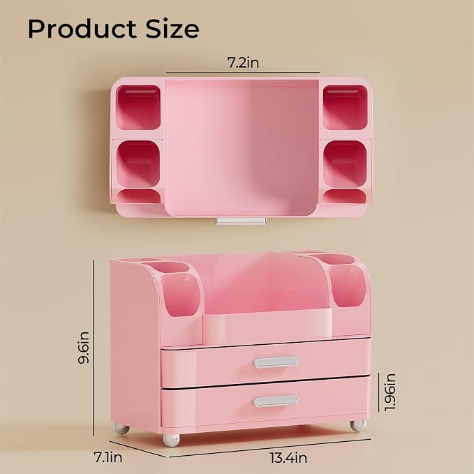 UFORU Makeup Organizer for Vanity with 2 Large Drawers, Cosmetic Display Case with Brush Holders, Easy to Storage for Bathroom Countertop Skincare, Desk Office Supplies, All Pink
