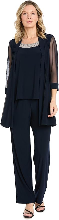 R&M Richards Women's Beaded Neck 2 Piece Pant Set