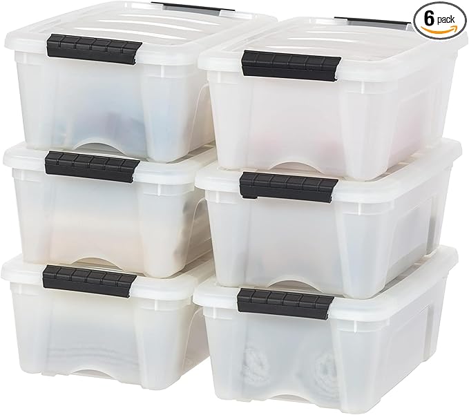 IRIS USA 13 QT Plastic Storage Box with Lid and Latches - 6 Pack - BPA-Free, Discreet Organizing Solution, Durable Nestable Stackable Containers, Secure Pull Handle - Pearl