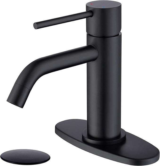 Matte Black Bathroom Faucet Single Hole, JXMMP Single Handle Bathroom Sink Faucets with Pop Up Drain and 6 inch Deck Plate and cUPC Water Supply Hose