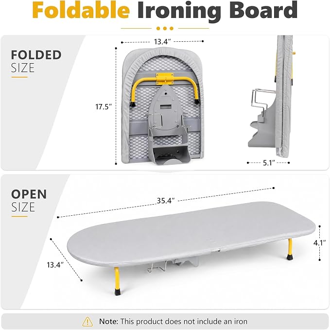 Foldable Tabletop Iron Board with Iron Holder for Home Travel, Gray | Portable Folding Ironing Board with Heat Resistant Cover & Non-Slip Feet, Small Ironing Board with Wall Mount, Space Saving