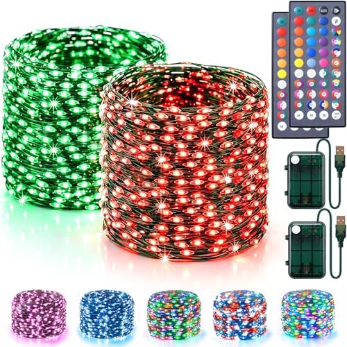 Color Changing Fairy Lights Battery & USB Operated, 2 Pack Total 66FT 200LED RGB 34 Colors Halloween Lights with Remote, Waterproof Twinkle Lights Green Wire for Xmas Tree Indoor Outdoor Party Decor