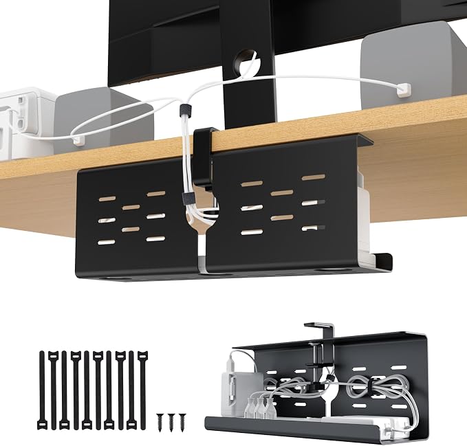 KEEGH 16'' Under Desk Cable Management Tray, No Drill Clamp Mount, Sturdy Metal Cable Tray for Power Strip, Cord Management Tray for Home Office, Gaming Desk, Standing Desk, Black, 1 Pack