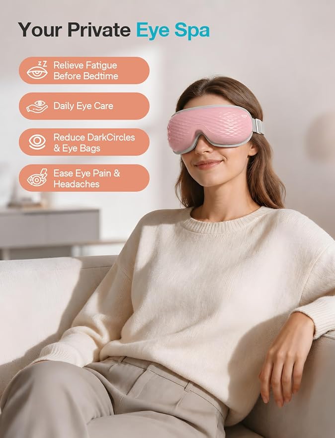 ALLJOY Eye Massager with Heat,Birthday Gifts for Women Men, Bluetooth Music Sleep Mask for Migraine Relief, Eye Strain, Dark Circles & Dry Eyes(Pink)