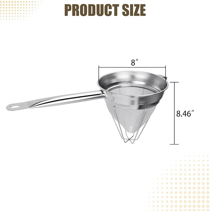 8 Inch Chinois Strainer,18/8 Stainless Steel Conical Fine Mesh Bouillon Sieve, Heavy Duty China Cap Strainers with Stand for Sauces Soups Broth Purees Jam