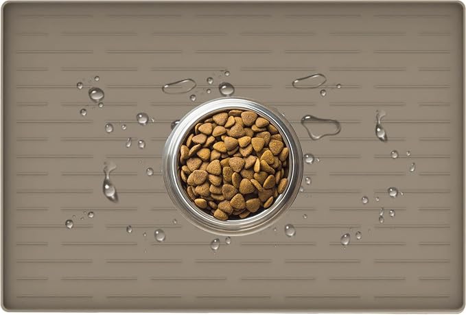 24" x 16" Dog Food Mat, Silicone Pet Mats for Food and Water, Nonslip Pet Feeding Mats for Floors, Dog Cat Bowl Mat with Raised Edges, Light Brown