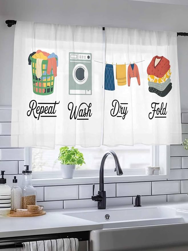 Laundry Voile Sheer Curtain 45 Inch, Rod Pocket White Sheer Window Curtain Panels, Laundry Room Short Semi-Sheer Tulle Drape Chiffon Fabric for Laundry Room Bedroom Living Room, Wash Dry Fold Repeat