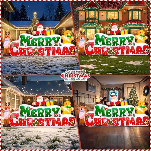 10FT Christmas Inflatables Outdoor Decorations Inflatable Merry Christmas with Santa Gingerbread Reindeer, Built in LED Lights Blow up Yard Decorations for Xmas Holiday Party Garden Lawn Décor