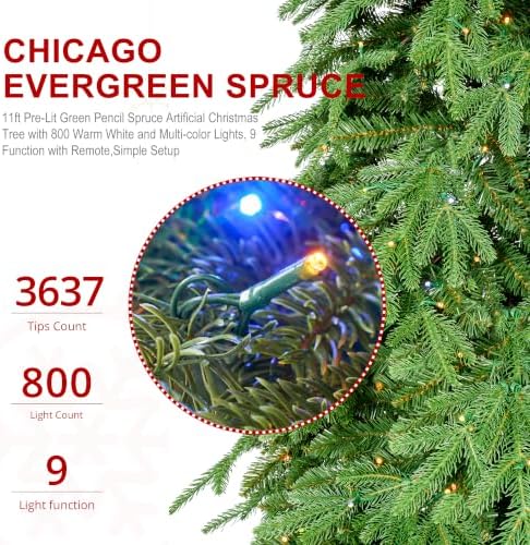 Glitzhome 11ft Prelit Artificial Christmas Tree, Pencil Christmas Tree Chicago Evergreen Spruce Slim Holiday Tree with 800 Warm White & Multi-Color Lights, 3,637 PE&PVC Tips, Easy Setup for Xmas Décor