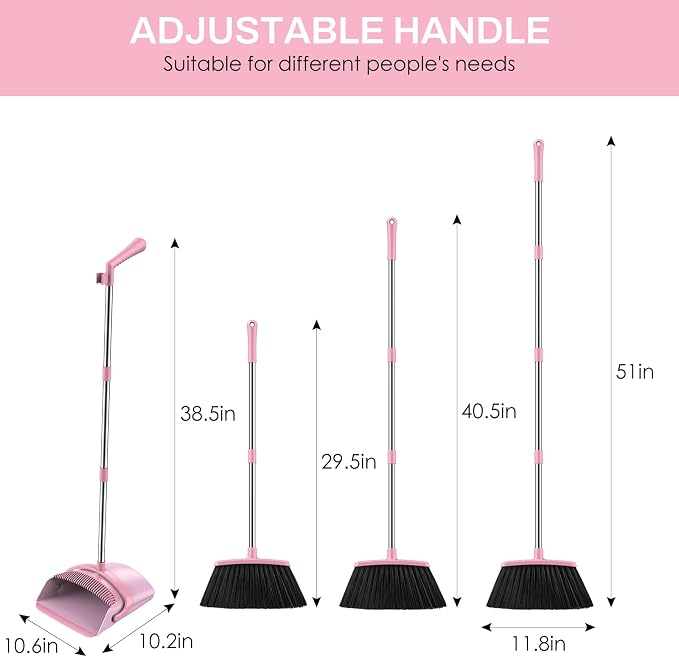 Broom and Dustpan Set for Home, 51-in Long Adjustable Handle Angle Broom and Dustpan Combo Set with Dust Pan Teeth to Clean Hair for Home Kitchen Office Lobby Floor Garden, Pink