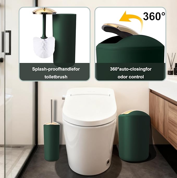 25 Pieces Bathroom Set Green and Gold Bathroom Accessories Set, Shower Curtain and Rugs, Trash Can, Toilet Brush, Soap Dispenser, Soap Dish, Toothbrush Holder, Tumbler, Tray, Qtip Holder