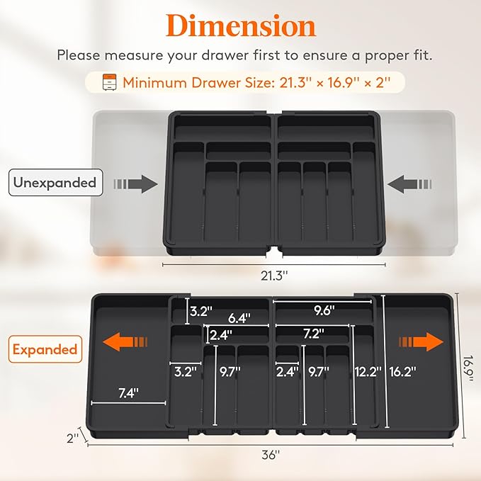 Lifewit Silverware Drawer Organizer, Expandable BPA Free Plastic Utensil Tray for Kitchen, Adjustable Flatware Cutlery Holder for Spoons Forks Knives, 21.3- 36 x 16.9", Black