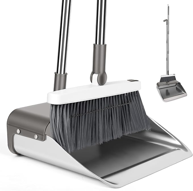 Broom with Dustpan Combo Set, Heavy Duty Standing Metal Dust Pan with Teeth, Indoor Outdoor Up for Home Kitchen Lobby Room Office, Grey
