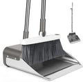 Broom with Dustpan Combo Set, Heavy Duty Standing Metal Dust Pan with Teeth, Indoor Outdoor Up for Home Kitchen Lobby Room Office, Grey