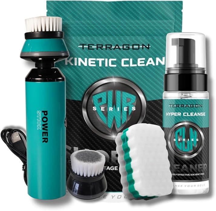 Terragon Kinetic Cleanse Shoe Cleaning Kit with Electric Shoe Cleaner Brush - Hyper Cleanse Remove Tough Stains from Leather, Nubuck, Fabric Shoes - Bonus Shoe Cube for Soles, Color-safe, Solvent-free