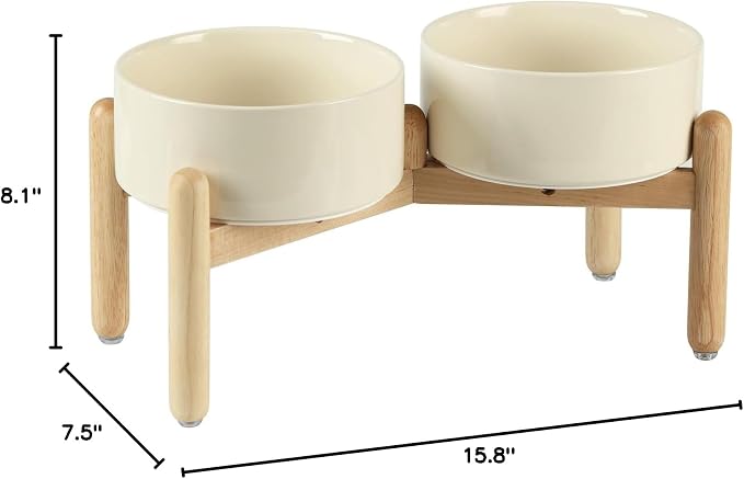 Havniva Elevated Dog Bowls Ceramic Dog Bowls with Stand, Dog Food Bowl | 7.3” Raised Dog Bowls with Non-Slip Wood Stand, Dog Food and Water Bowl Set, Double Dog Feeding Bowls for Medium Dogs
