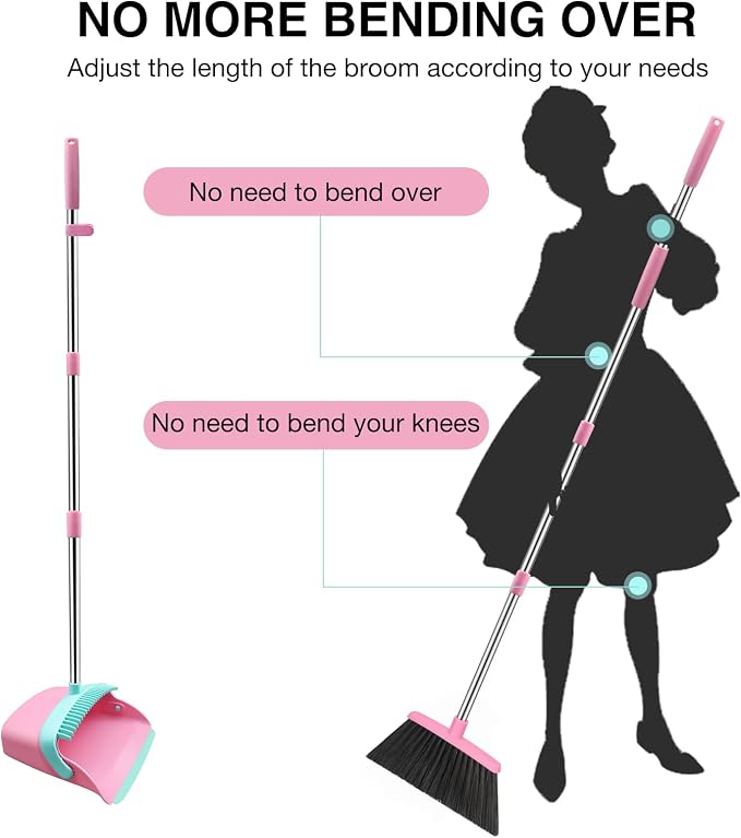NACENA Broom and Dustpan Set, 52-in Long Adjustable Handle Broom Dustpan Combo with Dustpan Teeth to Automatically Clean Hair Suitable for Home Kitchen Office Hall Floor (Pink&Blue), 4 Pack