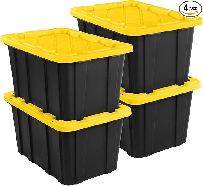 Sterilite 4-Pack 27 Gallon Industrial Storage Tote, Heavy-Duty Plastic Bins, Black/Yellow - Stackable Utility Organizers with Lids for Garage, Camping Tools, and Outdoor Gear